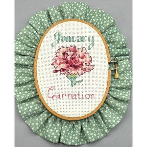 Handmade January Carnation Cross Stitch Wall Art With Ruffled Fabric Frame